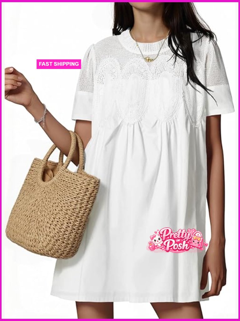 Sheer Mesh Lace Mini Dress Babydoll Casual Summer Crewneck